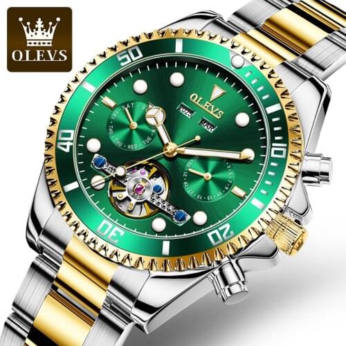 OLEVS Automatic Mechanical Men Watches Stainless Steel Waterproof Green Business Clock Reloj Hombre Fashion Classic Wrist Watch
