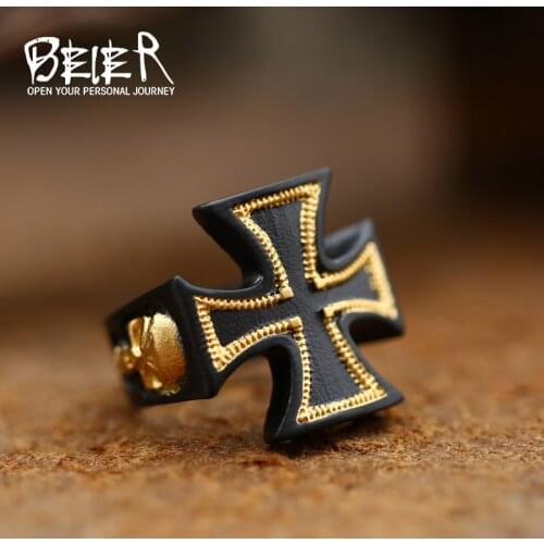 BEIER World War II Iron Cross Mans Stainless Steel Fashion Ring German Army Iron Cross /Skull Ring Personality BR8-760 US Size