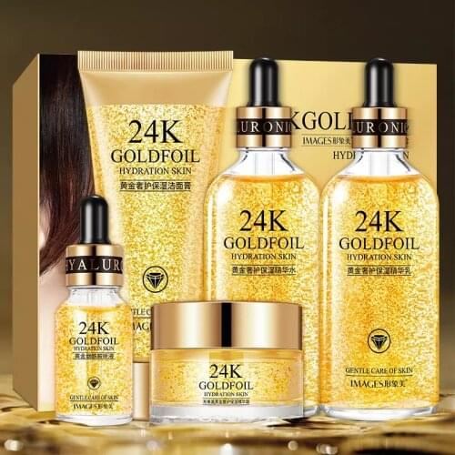 24K Skin Care Set 5 Pieces Face Toner Essence Cream Nicotinamide Anti-Aging Whitening Serum Facial Cleanser Kit For Skin Care
