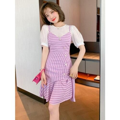 Put the skirt with shoulder-straps hubble-bubble sleeve shirt + lotus leaf two-piece new summer dress