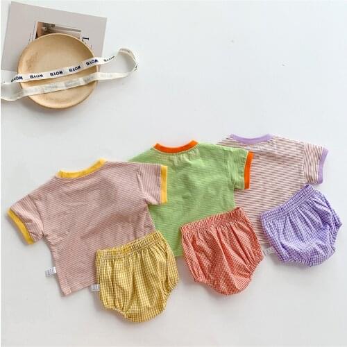 Newest Arrival Baby Toddler Summer Outfit Infant Stripe Splicing Short Sleeve T-Shirt+Plaid Elastic Waist Pantie for 0-2Y