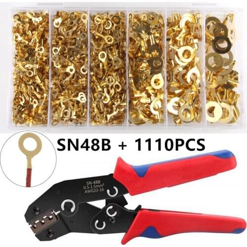 1110PCS SN48B Crimp Plier Brass Ring Terminial Set Gold Non-Insulated Assortment Kit 3.2mm-10.2mm Cable Lug Wire Connectors