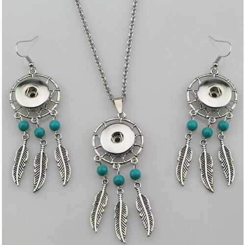 Wholesale 6sets Dreamcacher&Feather Blue Bead bohemian Necklaces 18mm Snap Button Pendant Necklace Earring Jewelry Set For Women