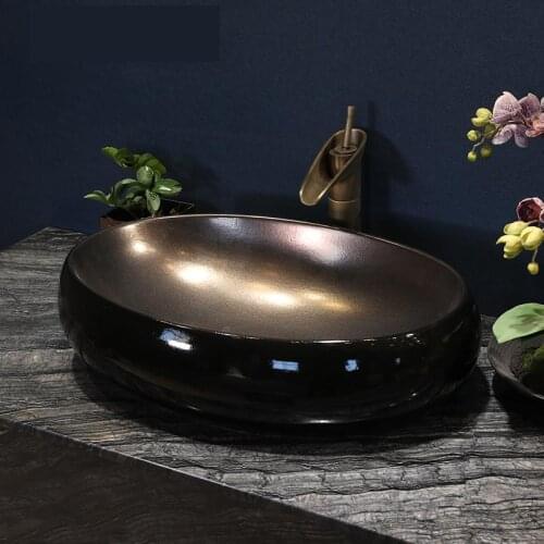 Oval black with gold Bathroom Counter Top Wash Basin Cloakroom Hand Painted Vessel Sink bathroom sink vintage ceramic sink