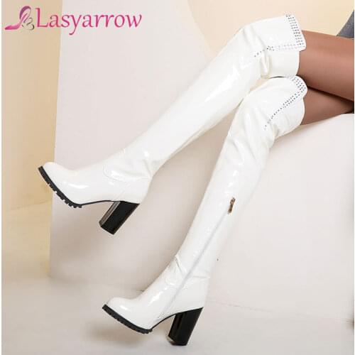 Lasyarrow Big Size 34-50 Patent Leather Thigh High Boots Women Shoes Crystal High Heels Over The Knee Riding Boots Party Catwalk