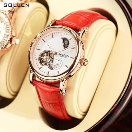 SOLLEN Luxury Mechanical Automatic Lady WristWatch Moon phase independent second hand Watches Leather Band Girl Watch