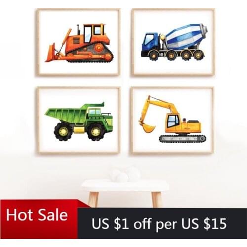 Construction Vehicles Art Canvas Painting Kids Room Decor Dump Truck Digger Bulldozer Posters and Prints Boys Gift