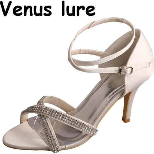 Wedopus Sandals Rhinestones 9CM Heel Wedding Ivory Shoes Cross Strap