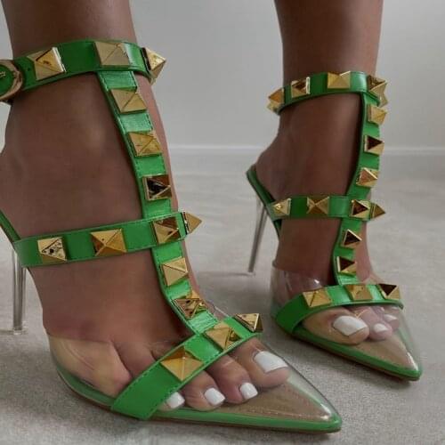 T Shape Ankle Strap Buckle Gold Rivet Transparent PVC Pointed Toe Stiletto Shoes Womens Sandals 2021 Clear Super High Heels