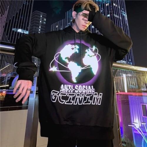 Reflective Earth Print Sweatshirts Hoodies Men Punk Rock Gothic Streetwear Hip Hop Fashion Casual Hooded 2020 Hoodie Black