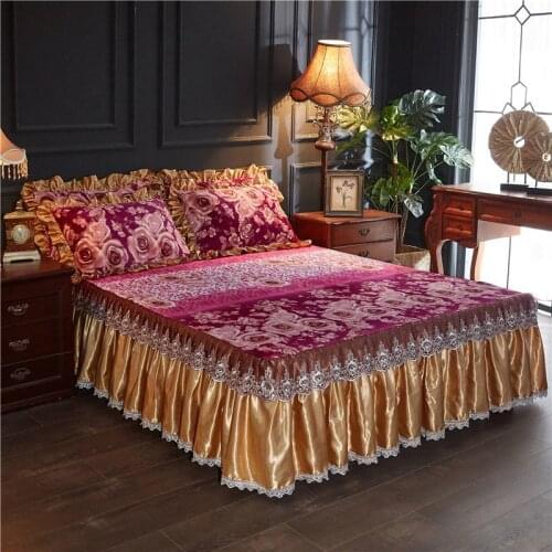 Thickened warm milk velvet Embroidered lace double lace Bed spread Fitted Sheet Pillowcases 2/3 pcs Luxury princess Bedding