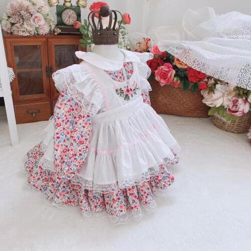 Girls Vintage Embroidery Floral Apron Dresses Autumn Kids Girls Long Sleeve Lolita Princess Dress Party Christmas Maid Outfit