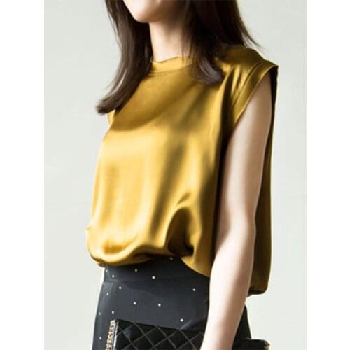 Real Silk shirt women Bottoming Lady fashion New round neck navy blue with silk sleeveless silk satin