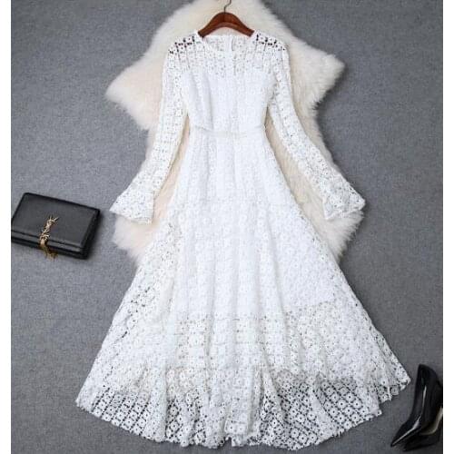 2019 spring womens new elegant round neck trumpet sleeves high waist water soluble lace irregular dressT3444