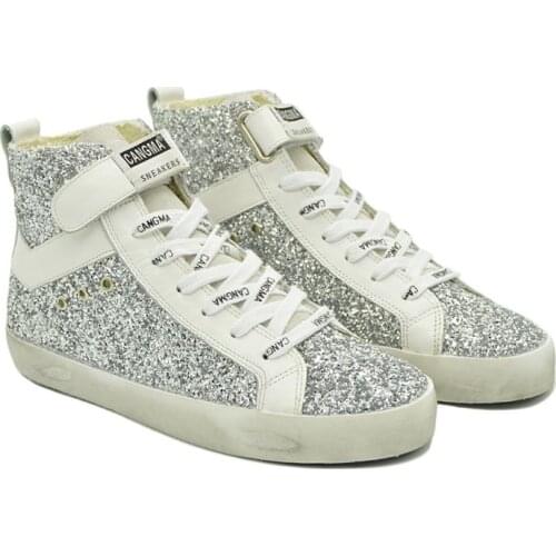 CANGMA Luxury Brand Original Women Sequin Casual Shoes Genuine Leather High Top Sneakers Womens Silver Glitter Shoes Female
