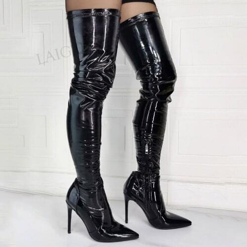 DOHBANER Sexy Women Thigh High Boots Elastic Black Zip Boots Stiletto High Heels Botas Mujer Shoes Woman Big Size 39 44 46 47