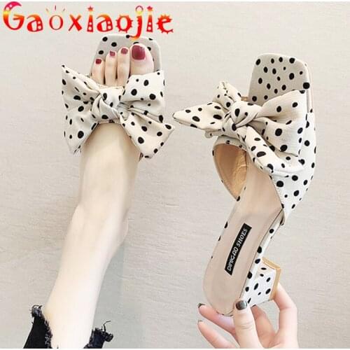 2020 New Slippers Women Summer Mid-heel Thick Heel 5.5CM Square Toe Ladies Slides Fashion Dot Butterfly-knot Sandals Women Shoes