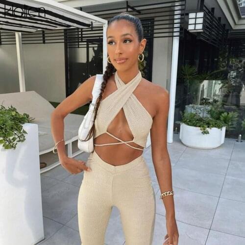 KLALIEN Sexy Hollow Out Bandage Camisole Trousers Two Piece Set Women 2021 Summer Party Vacation Beach Solid Rib Knit Suit Lady