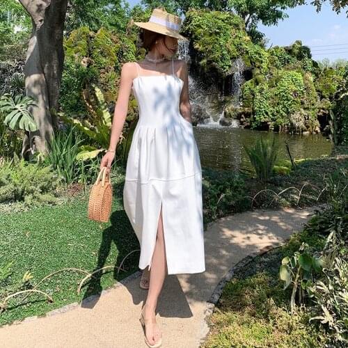 2021 summer Fashion Sexy Split fork Midi Dresses Sleeveless Holiday Spaghetti Strap Sundress white dress woman dress