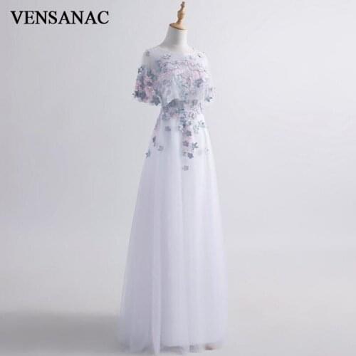 VENSANAC 2018 O Neck Lace Appliques Long A Line Evening Dresses Elegant Flowers Half Sleeve Tulle Party Prom Gowns