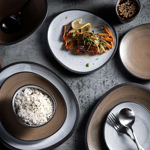 1PC RELMHSYU Nordic Style Retro 2Color Ceramic Rice Noodle Fruit Bowl Western Food Steak Dinner Plate Dish Household Tableware