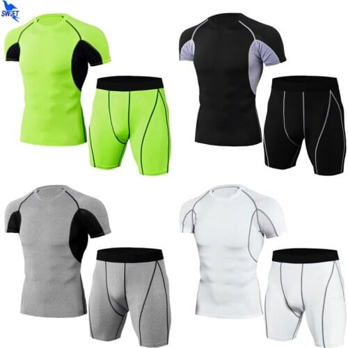 2pcs/set Compression Sport Suit Men Short Summer Breathable Quick Dry Running Set Clothes Jogger Training Gym Fitness Tracksuits