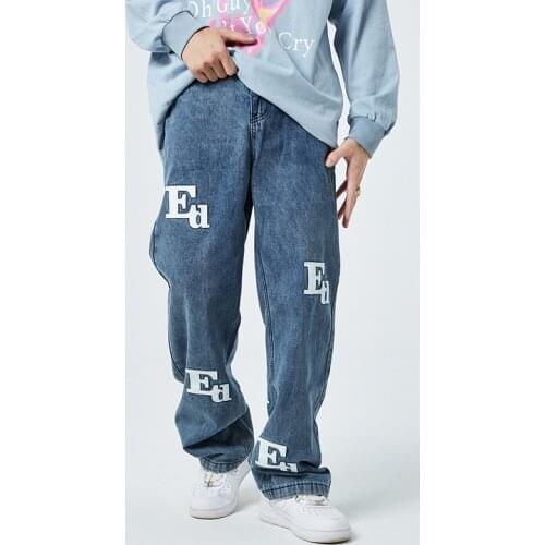 Streetwear Leather Letter Embroidery Washed Jeans Pants for Men and Women Oversize Straight Retro Casual Baggy Denim Trousers
