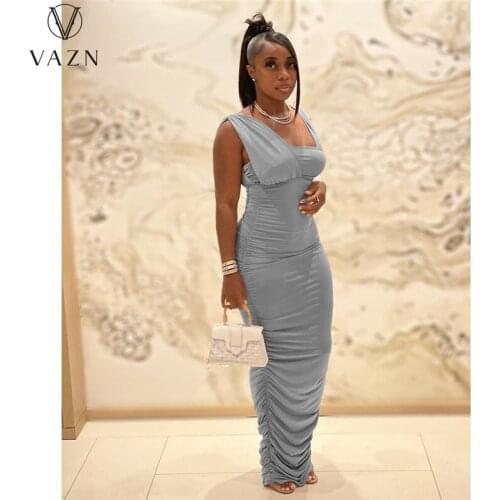 VAZN 2021 Elegant Formal O-neck Solid Maxi Dress Pleated Chic Ladies Slim Elegant Female Young Women Dress