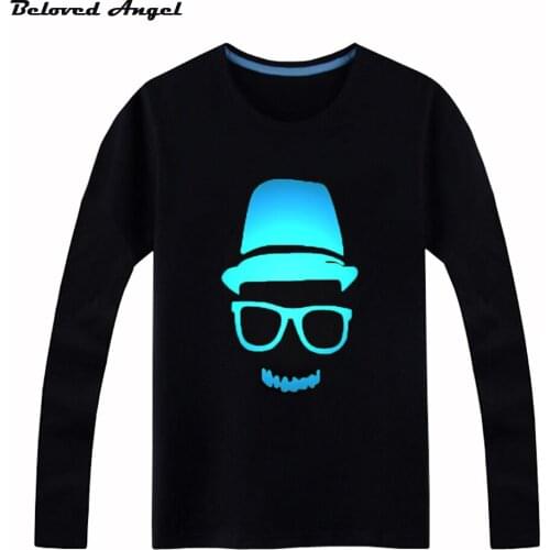 Hot Sell Autumn 100%Cotton Boys Girls T-Shirt Long Sleeves Kids Children Hip Hop Neon Print Party Club Night Light Punk Top Tees