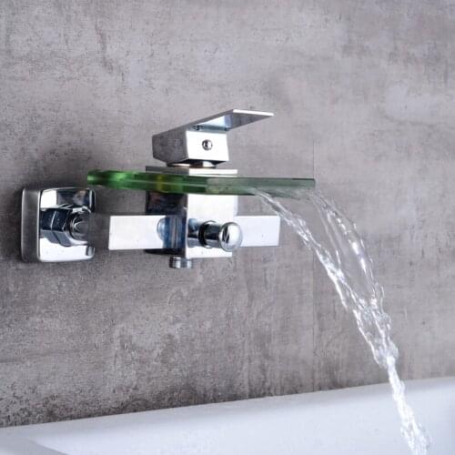 LANGYO Free Shipping Brass and Glass Faucet Waterfall Bathtub Faucet Wall Mounted Bathroom Mixer Taps Modern Design LH-8012