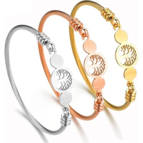 316L Fashion Brushed Stainless Steel Three-color Open Bracelet Hollow Tree of Life Braided Bracelet