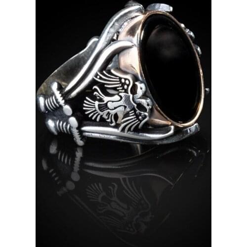 Oval Black Onyx Stone Sword Double Eagle Ring for Men 925 Sterling Silver Collocation Fashion Natural Rings Vintage Jewelerygift