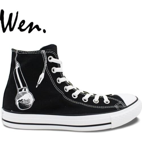 Wen Original Black Hand Painted Shoes Design Custom Sneakers Earphones And Microphone Men Womens High Top Canvas Sneakers
