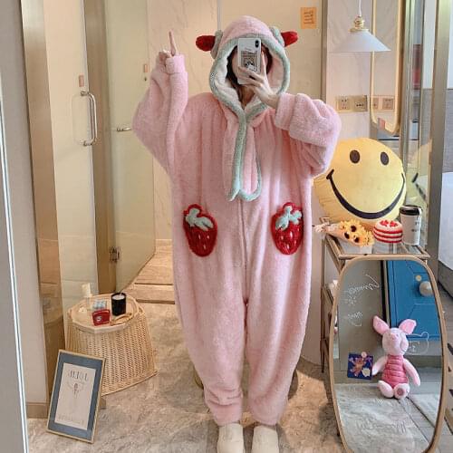 Coral Fleece One-piece Pajamas Women Winter New Sweet Student Ears Hooded Loose Pajamas Can Wear Home Clothes women pajamas pjs