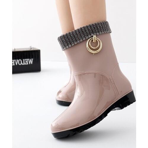 Rubber Rain Boots For Women Waterproof Warm Plush Fur Fashion Shoes Ladies Short Ankle Rainboots 2020 Non-slip Fur Leather Boots
