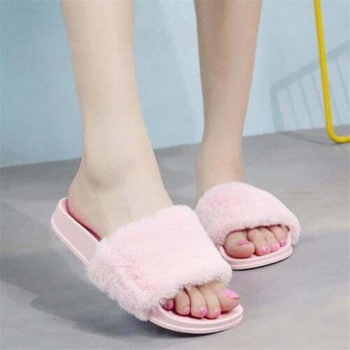 Summer Furry Slippers Women Colorful Fur Slides Beach Platform Sandals Womens 2019 House Shoe Badslipper Chancla Plataforma