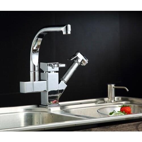 Kitchen Faucet Swivel Spout Deck Mounted Sink Vanity Faucet Pull Out Sprayer 360 Rotation Cold Hot Water Mixer Tap Dual Spout