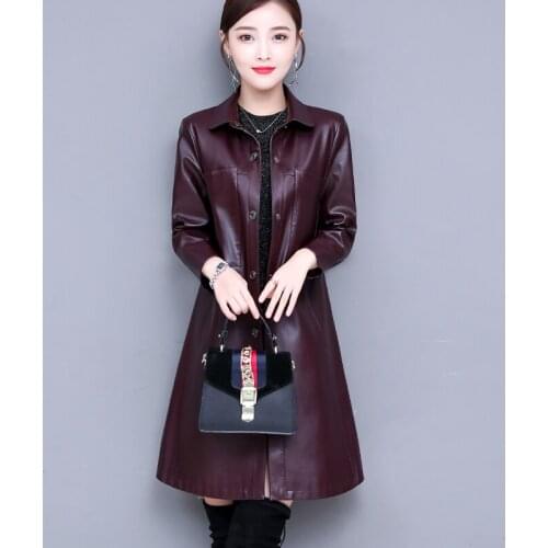 Spring New Ladys Korean Tide Casual Outwear Women Fashion Long Leather Jacket Female Slim Solid Color Pocket Sheepskin Coat