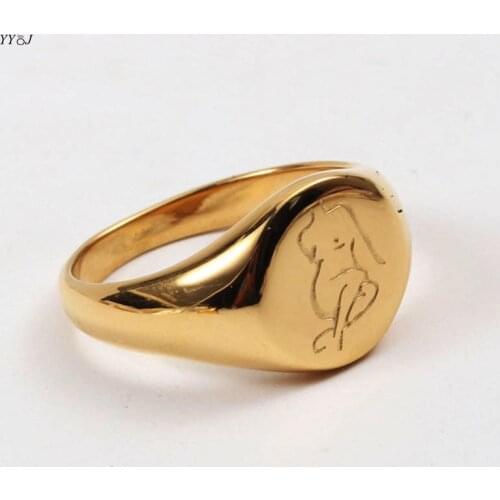 Women female body engraved round signet rings for women stainless steel gold rings stackable wholesale items unique unusual punk