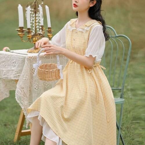 Yellow Vintage Midi Dress Women Patchwork French Princess Sweet Plaid Dress Korean Slim Elegant Dresses for Women 2021 Autumn