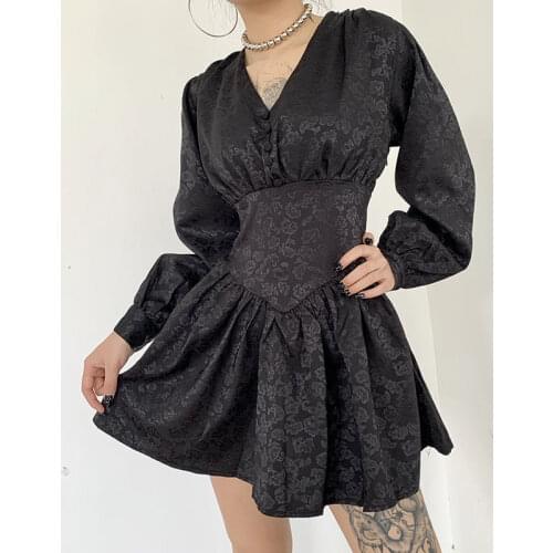 2021 Summer Dark Long Sleeve Short Dress V Neck Jacquard Harajuku Punk Pleated Dress Women Casual Preppy Style Gothic Dresses