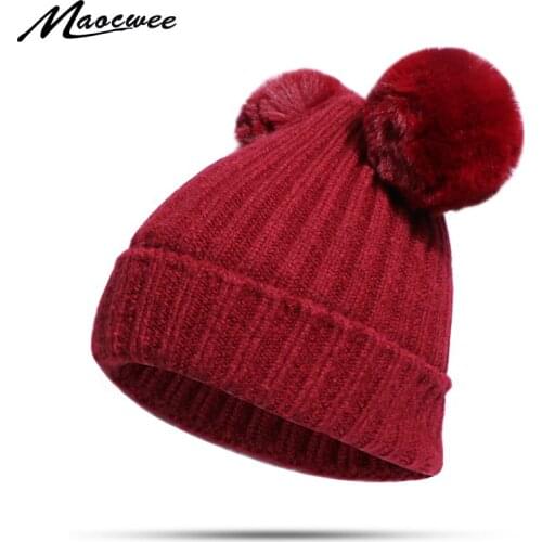 Winter lady cute warm Beanie Hat outdoor riding plus velvet knit hat double hair ball wild pullover hat