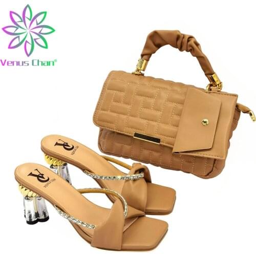 2021 Special Design High Quality Nigerian Women Shoes and Bag to Match in Khaki Color Decorate with Rhinestone for Wedding