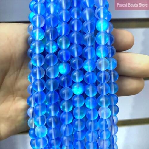 6 8 10 12MM Blue Matte Austria Crystal Glitter Moon Stone Round Beads DIY Bracelet Necklace Charms for Jewelry Making 15" Strand