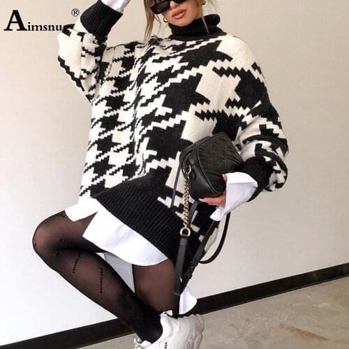 Aimsnug Turtleneck Loose Sweater Women Casual Knitted Jumper Long Sleeve Autumn Houndstooth Sweater Pullover Winter Warm Clothes