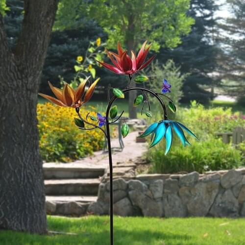 Large Metal Wind Spinner With Three Spin Flowers And Butterflies Windmill Rotating Garden Lawn Party Decor Toy Gift Funny #y