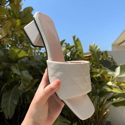 Mules Shoes Women 2021 Summer New Fashion Open Toe Med Block Heels Solid Sewing Slippers Plus Size 43 Handmade Footwear Beige