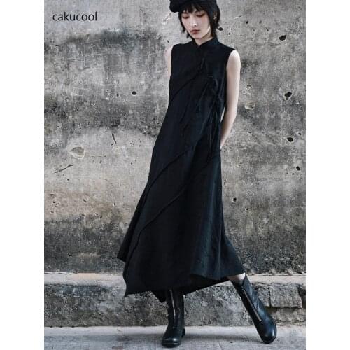Cakucool sleeveless irregular dress womens Retro temperament stand collar cheongsam irregular party dress elegant fashion women