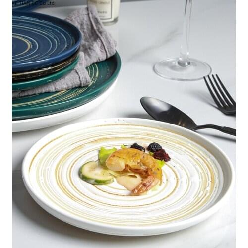 10 Inches Ceramic Dinner Plate Hand-painted Swirl Pattern Western Steak Flat Plate Home Main Dish Dessert Salad Plate Tableware