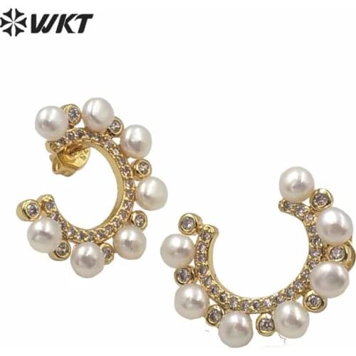 ME075 Charming New Design Freshwater Pearl Earrings Stud With CZ Paved Gold/Silver Plated Earrings C Shape Earrings For Girl
